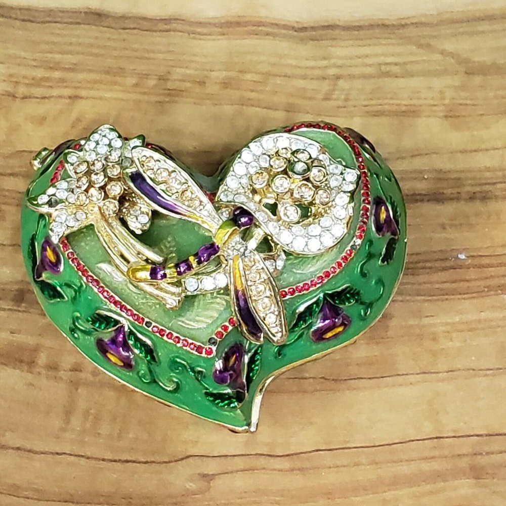 Enamel and crystal heart shaped TRINKET box with DRAGONFLY * 2.5"x2"